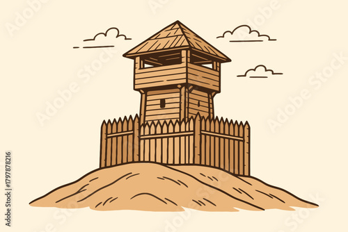 Rustic wooden watchtower and palisade fortification on a hill with clouds in the sky