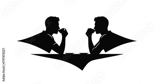 Two men in silhouette share a moment of quiet contemplation over cups.