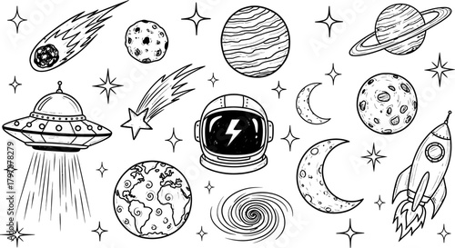 Hand drawn sketch of space elements including planets ufo astronaut helmet comets and stars