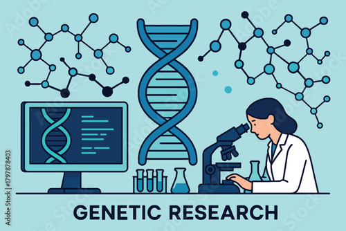 Scientist studying dna and molecular structures in a laboratory setting with microscope and computer