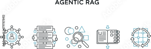 Agentic rag concept illustration with icons for collaboration, data, search, and process