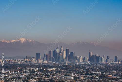 Skyline. Downtown Los Angeles and the Mount San Antonio(San Gabriel Mountains) from Kenneth Hahn State Recreation Area, Baldwin Hills Mountains of Los Angeles, California.  Los Angeles smog	 