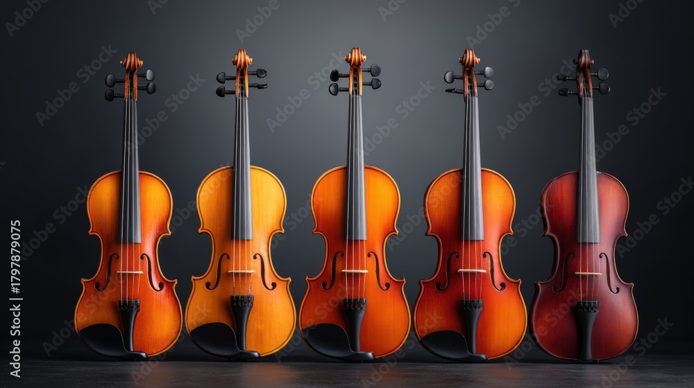 Fototapeta premium Five beautifully crafted violins in varying shades of wood, showcasing intricate designs and craftsmanship, arranged in a row against a dark background, highlighting musical artistry and elegance