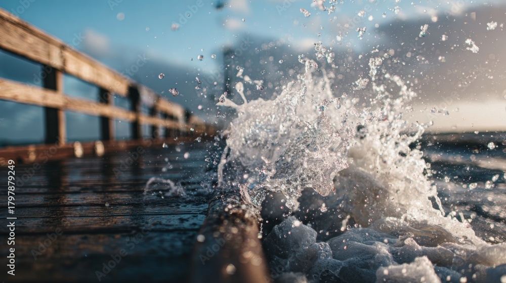 Obraz premium Splashes of Water Droplets Hitting a Wooden Pier with Dramatic Waves Under a Cloudy Sky