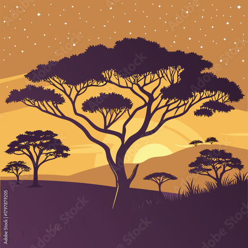 Vector illustration of a beautiful tree silhouette in a bright orange sunset sky over a summer savanna landscape