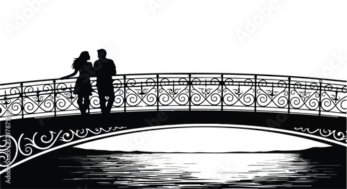 Romantic couple silhouetted on a bridge overlooking water at sunset