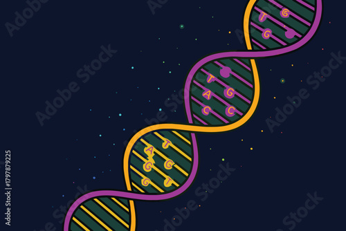 Abstract illustration of a vibrant double helix dna strand against a dark background