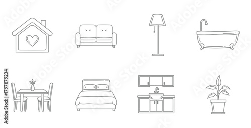 Minimalist line art of home furniture and decor elements for interior design concepts