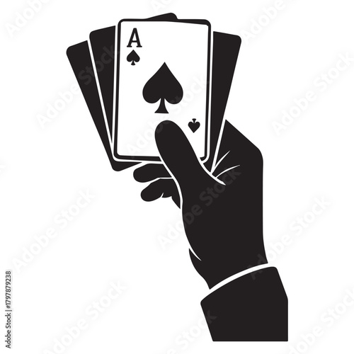 Hand Holding Playing Cards Silhouette, Poker Gambling Ace Vector
