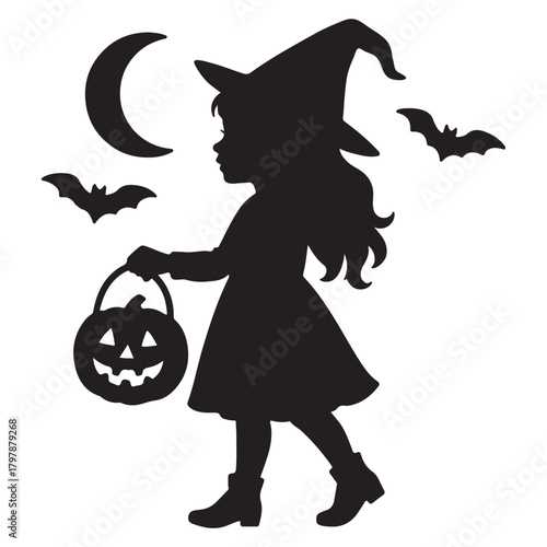 Silhouette of Child Dressed as Witch, Halloween Celebration