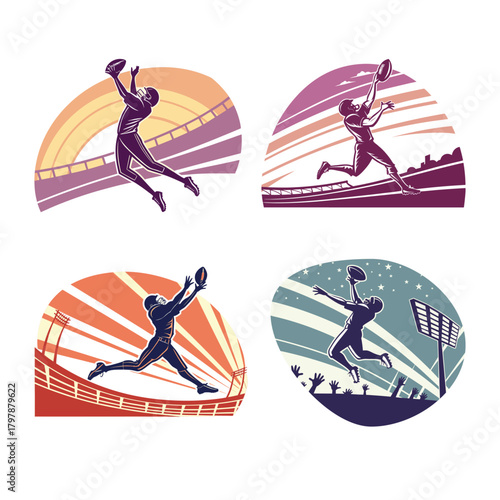 Four American Football Players Leaping to Catch Ball in Stadiums catching ball jumping 1