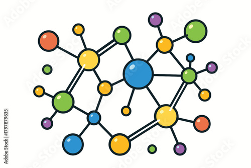 Colorful abstract molecular structure with interconnected spheres representing atoms and bonds