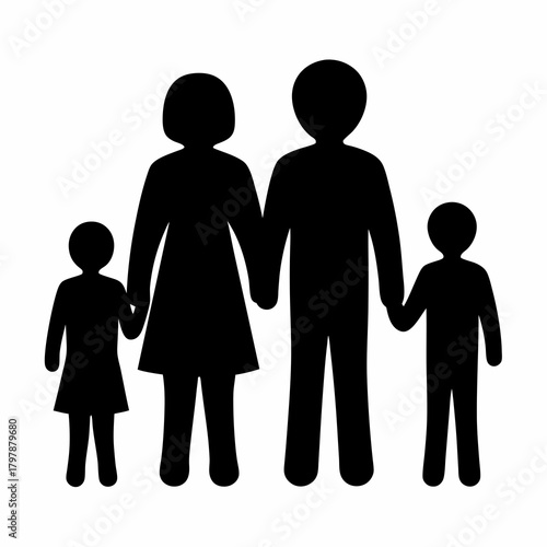 Family of four silhouette holding hands, parents and two children