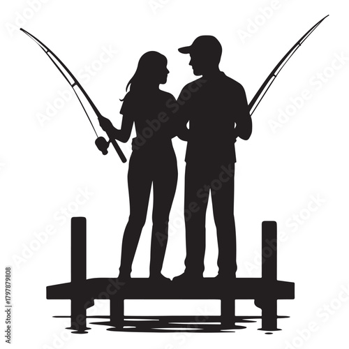 Couple Fishing on Dock Silhouette, Romantic Lakeside Vector Scene