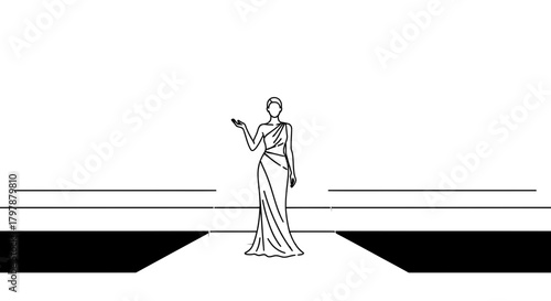 Elegant woman in a gown standing gracefully on a minimalist platform art concept