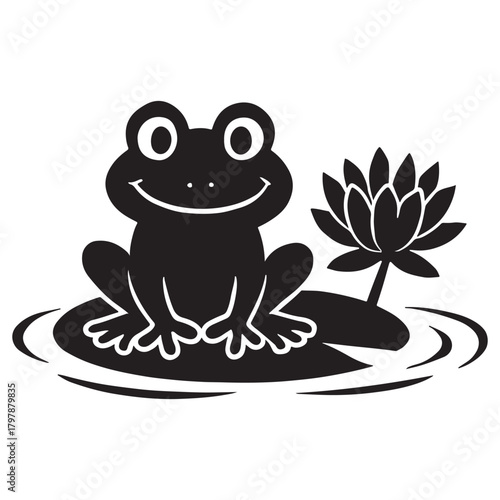 Frog on a leaf. cartoon frog sitting on a lily pad with a water lily flower