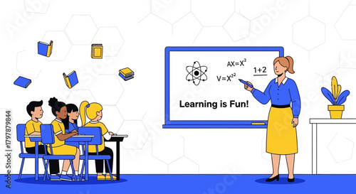 Enthusiastic teacher and students in a vibrant classroom, fostering an atmosphere of fun learning