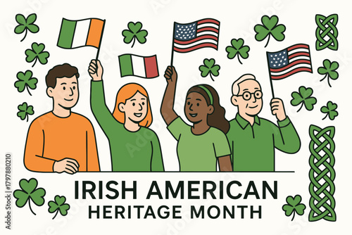 Diverse group of people celebrating irish american heritage month with flags and shamrocks