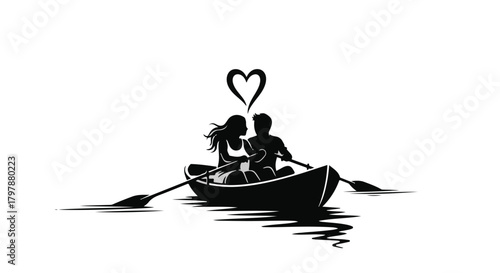 Couple in rowboat under heart symbol, enjoying a romantic moment on calm water