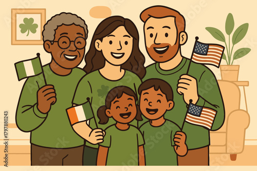 Diverse family celebrating st patrick s day with irish and american flags