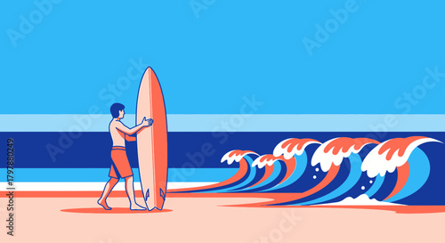 Minimalistic illustration of a surfer holding his surfboard on a tropical beach next to stylized