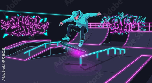 Neon skateboarding scene with a skateboarder performing a trick in a skate park setting