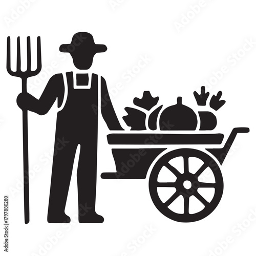 farmer with a shovel and vegtable cart