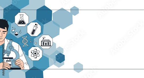 Scientist in lab coat using microscope with scientific elements background design