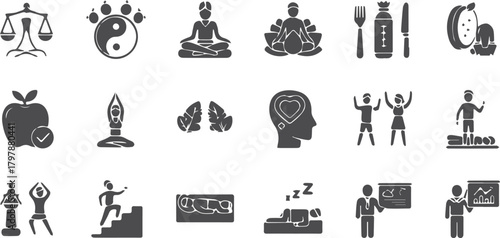 Collection of icons representing health, wellness, and personal development concepts