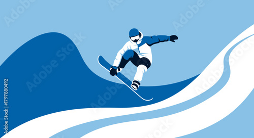 Vector illustration of a snowboarder catching air on a winter slope graphic design