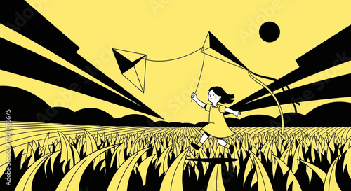 A girl flying a kite in a yellow field illustration evoking happiness and freedom reminiscent of