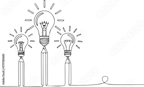 Three light bulbs drawn in a continuous line style, symbolizing ideas and creativity