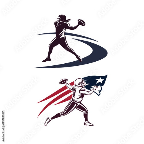 Two American football players in motion throwing a football quarterback