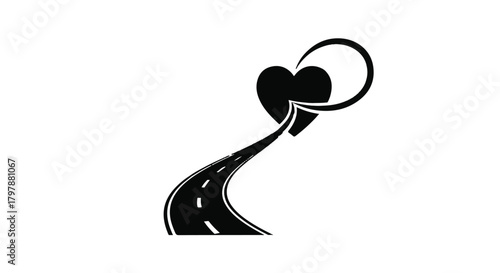 A winding road leads to a heart with a looping path above, symbolizing love's journey.