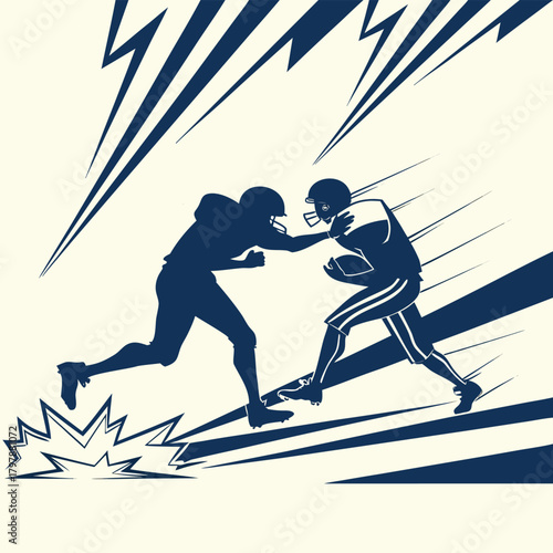 Two dark blue American football players in silhouette clashing with impact lines