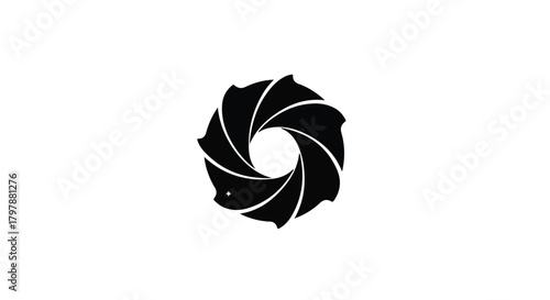 Abstract black aperture symbol on a clean white background, representing photography and vision