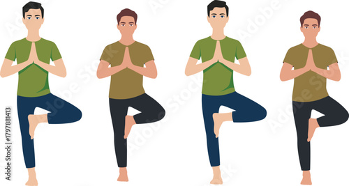 Young man practicing yoga in tree pose, calm balance posture illustration, mindfulness exercise, healthy lifestyle, meditation and fitness concept artwork