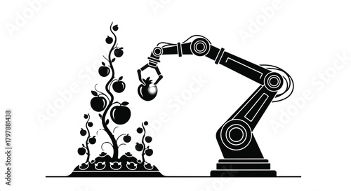 Robotic arm gently harvests ripe fruit from a stylized plant, symbolizing agricultural automation.