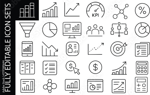 Minimal editable line icon set for analytics, KPI, business growth, finance dashboard, charts, metrics and performance tracking