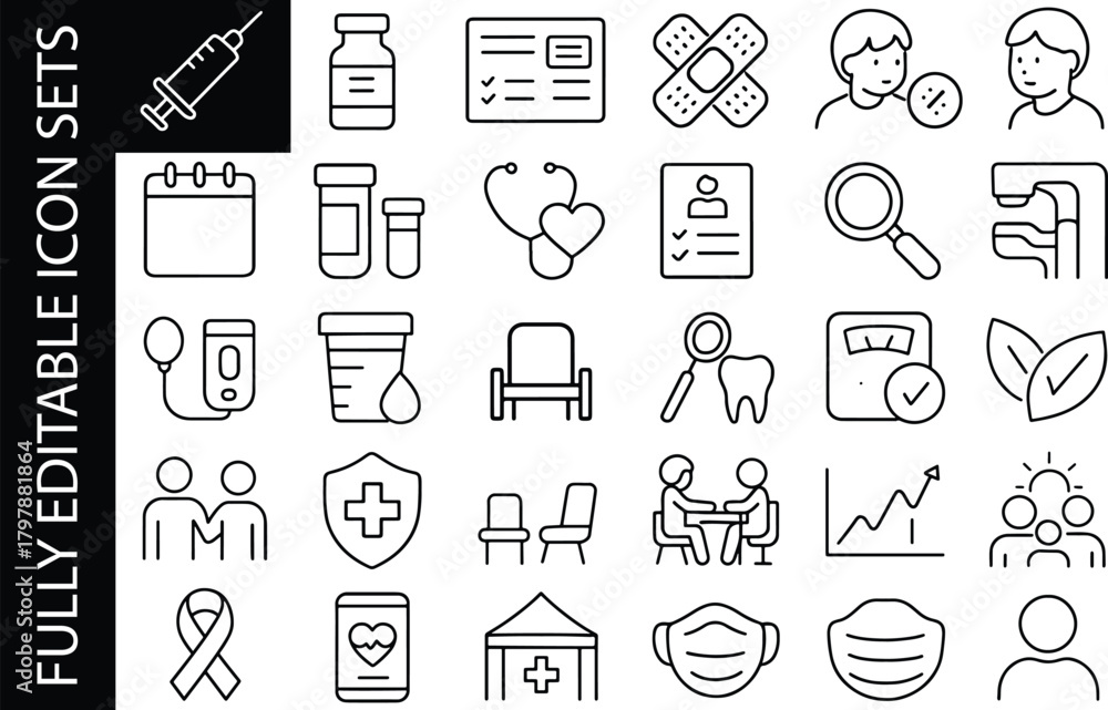 Fototapeta premium Minimal editable line icon set for medical vaccine, health checkup, clinic tools, patient care, diagnosis and wellness