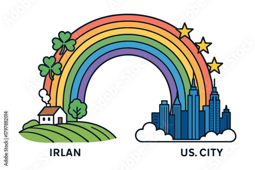 Vibrant rainbow connects rolling irish hills with modern city skyline symbolizing hope and opportunity