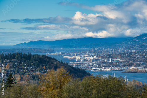 A view of North Vancouver with the autumn leaves.  from Burnaby Mt., BC, Canada
