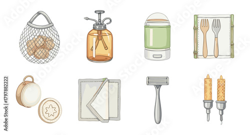 Eco-friendly kitchen and bath essentials in watercolor style