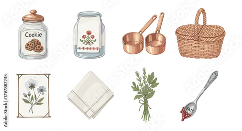 Vintage kitchen elements: jars, copper pots, and wicker basket delights