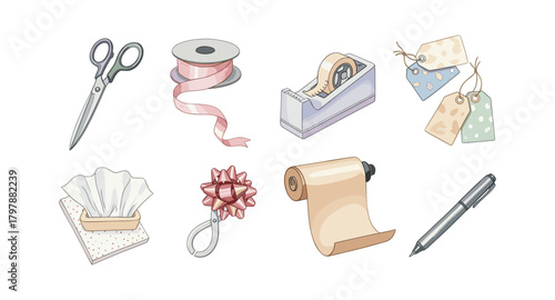 Hand drawn craft supplies: scissors, ribbon, tape, tags, and more