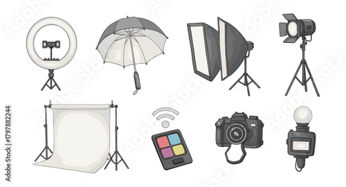 Essential tools for photography: lighting, camera, and accessories collection