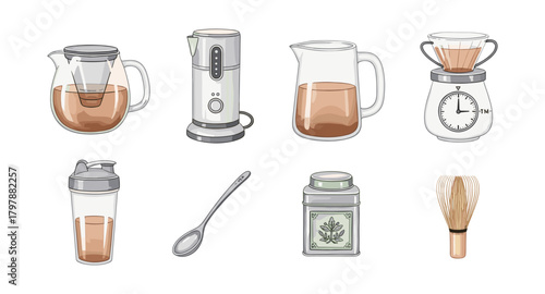 Watercolor tea making set with kettle, teapot, and barista tools