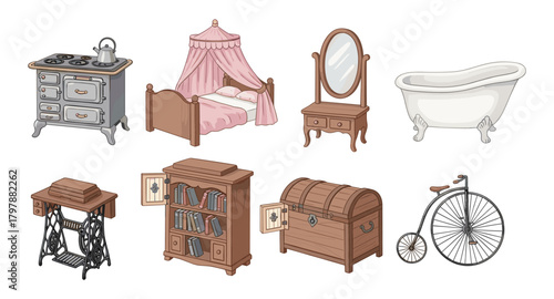 Vintage household items: stove, canopy bed, clawfoot tub & more