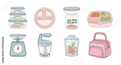 Hand-drawn kitchen storage and food prep items with lunch containers and accessories