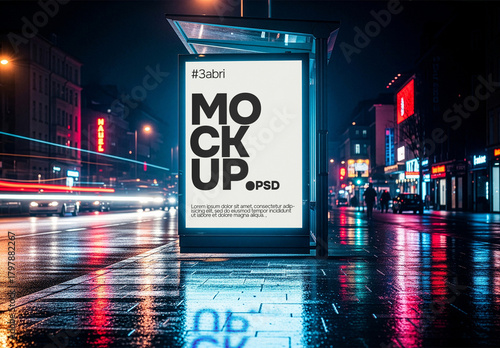 City night scene bus stop poster mockup